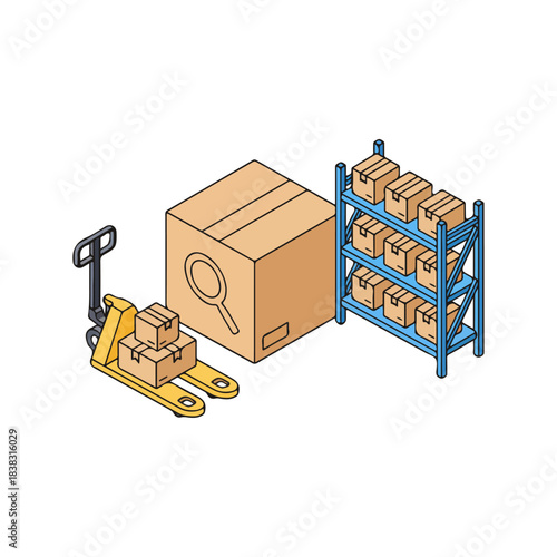 Isometric warehouse logistics, storage facility, inventory management, shipping boxes, pallet jack.