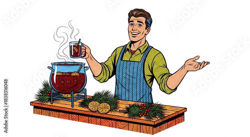 Young man serving mulled wine at festive outdoor market  
