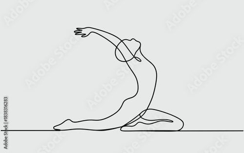 Continuous line art illustration of a person practicing a yoga backbend pose