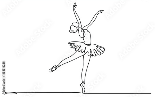 Elegant continuous line art drawing of a ballerina dancing in a graceful pose