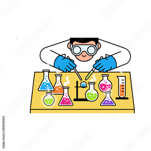 Chemist actively conducting scientific experiments with colorful flasks, beakers, and test tubes in a laboratory setting