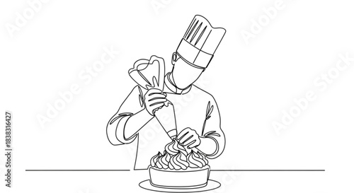 Pastry chef piping cream swirls onto cake in minimalist style  