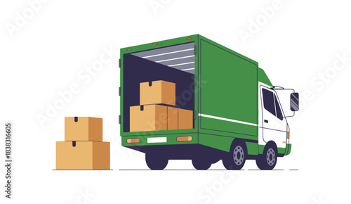 Cargo Truck with Boxes Inside, Freight Transport Lorry Carrying Goods and Cardboard Packages for Commercial Shipment, Flat Vector Illustration Isolated on White Background