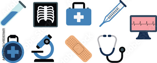 Medical diagnostic icons set, healthcare tools, syringe, stethoscope, ECG monitor, microscope, bandage, X-ray, test tube, medical kit, vector illustration