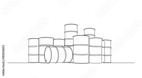 Stack of oil drums in storage yard outlined in minimal style  