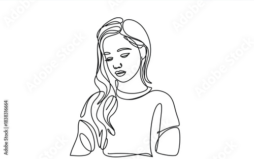 Continuous line drawing portrait of a thoughtful young woman with long wavy hair