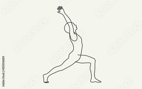 Continuous line drawing of a person performing a high lunge yoga pose