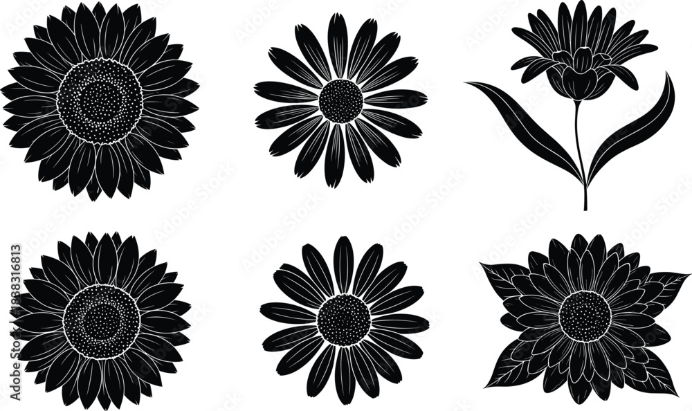 Fototapeta premium Large Silhouette Vector Collection of Assorted Flowers, Branches, and Botanical Leaf Elements