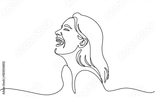 Continuous line art drawing of a woman's profile laughing with joy and happiness