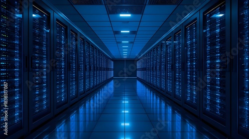 Futuristic data center server racks in blue corridor