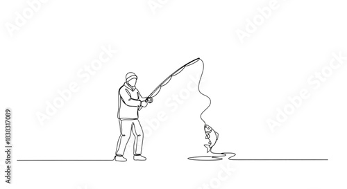 Man fishing with rod on frozen lake while reeling in a fish  