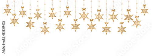 Elegant Christmas background with hanging gold star ornaments featuring delicate snowflake patterns on white space, minimalist festive border ideal for holiday greeting cards, invitations, banners, an