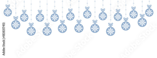 Soft winter Christmas background with hanging light blue baubles and white snowflake icons on clean white space, elegant minimalist border for festive greeting cards, invitations, banners, and seasona