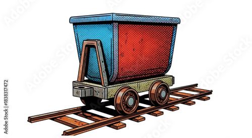 Vintage mining cart on wooden tracks in an industrial style  