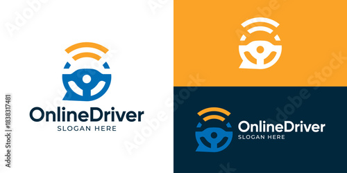 Creative simple online driver logo template. Steering wheel with signal wifi symbol logo design vector illustration.