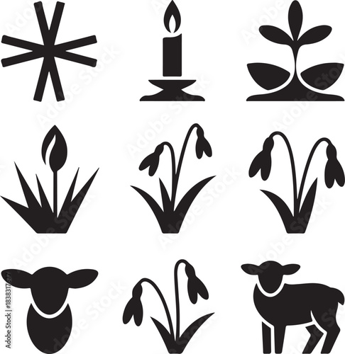 Snowdrop flower, candle light, lamb sheep, religious star, spring nature, easter symbol, christian faith, botany plant, animal silhouette, spiritual hope