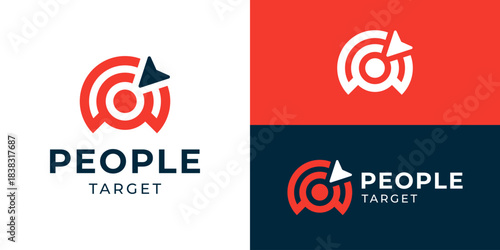 Creative simple people target logo template. Bullseye with people human person logo design vector illustration.
