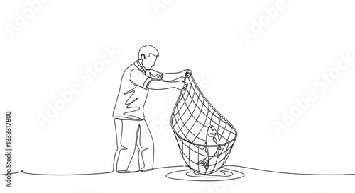 Man lifting fish from river using fishing net in monochrome style  