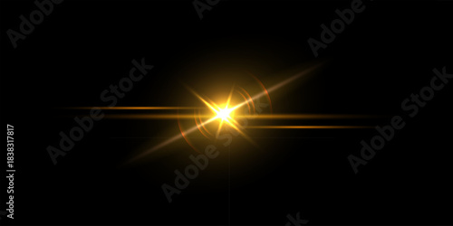 Light glare. Golden light flare on dark background shows bright glowing star effect with radiant beams and soft lens reflections. Luminous vector illustration in vibrant energetic style.