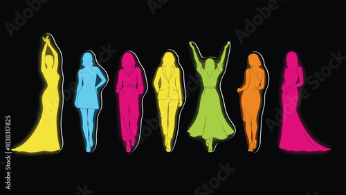 Diverse Group of Women Silhouettes in Bright Neon Colors with Glowing Outlines Representing Fashion, Empowerment, Individuality, Style, and Body Positivity Vector Art.