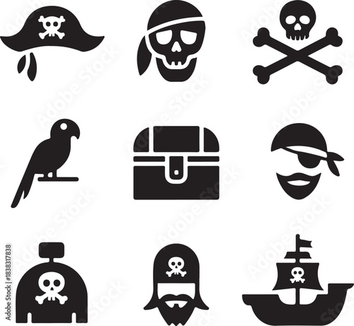Pirate skull, treasure chest, sailing ship, parrot bird, captain hat, crossbones danger, jolly roger, ocean adventure, marine hook, rum bottle