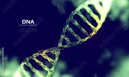 DNA structure constructed with particles. 3D digital genetic model. Scientific background. Vector illustration.
