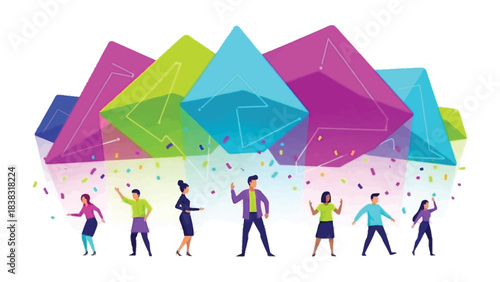 Celebration of Achievement: An animated group of individuals celebrating amidst abstract shapes and confetti, capturing a moment of triumph and teamwork.