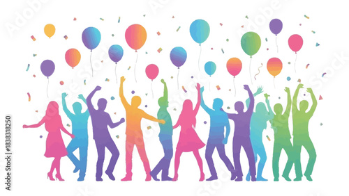 Celebration of Life: Silhouetted figures dance beneath a cascade of vibrant balloons and confetti, capturing a jubilant atmosphere and the spirit of a joyous occasion.