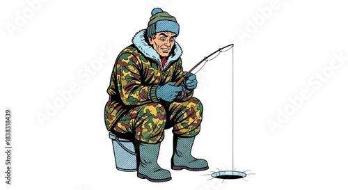 Ice fisherman in camouflage gear sitting by a hole in the ice  