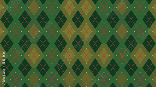 Seamless green argyle pattern with geometric diamond shapes and subtle dots, perfect for textile, background, or holiday-themed designs.