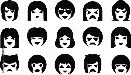 Black silhouette cartoon female avatar faces illustrating a range of intense human emotions and expressions