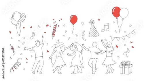 Party Sketch: Joyful illustration of a party in full swing, featuring dancing people, balloons, confetti, and celebratory elements.