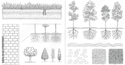 CAD Landscape Vector, Grass and Forest Section with Soil Layers, Lawn Texture for Design and Architecture