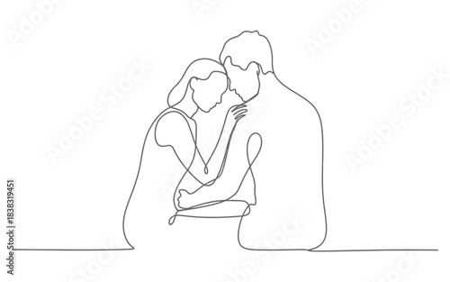 Minimalist one-line art showing a man and a woman embracing in a gesture of love and support