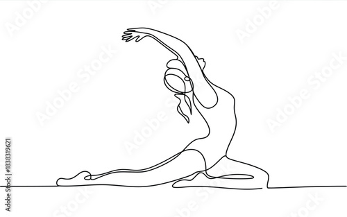 A minimalist single continuous line drawing capturing a woman performing a flexible yoga pose