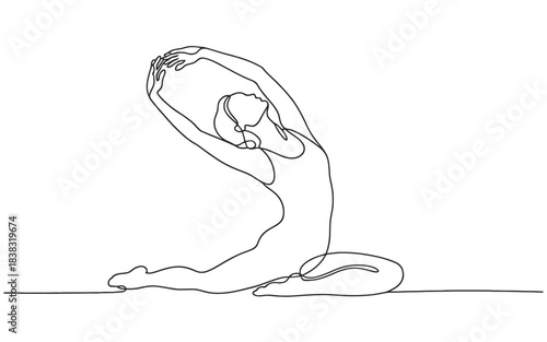 Minimalist continuous line drawing of a graceful woman performing a yoga stretch