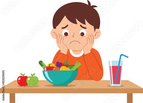  Sad, reluctant boy sitting at a table frowning at a large bowl of healthy vegetables and fruits, illustrating concepts of picky eating, nutrition challenges, and childhood food refusal
