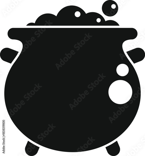 Black witch cauldron silhouette with bubbling potion is brewing a magic mixture for halloween party