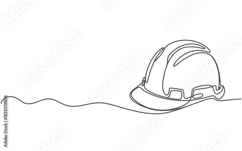 Single continuous line art drawing of a construction hard hat on a white background with ample copy space