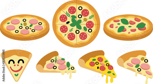 Pizza and slice illustration set, cartoon food clipart, colorful toppings artwork, pepperoni olive basil cheese design, playful snack concept, fast food elements pack