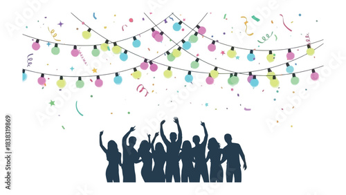 Celebratory Silhouette: A festive celebration is illuminated by twinkling string lights and confetti, with silhouettes of revelers raising their arms in joyful exuberance.