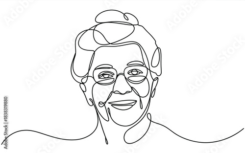 Continuous single line art drawing of a smiling elderly woman with spectacles