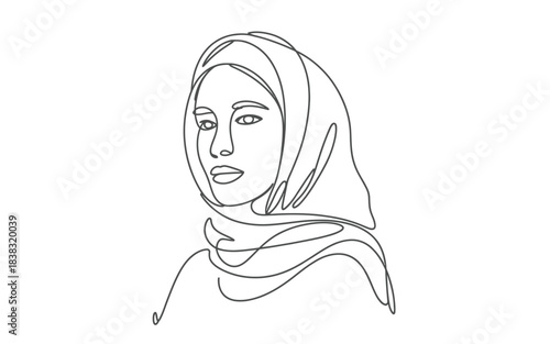 A minimalist single-line drawing of an elegant woman wearing a hijab looking forward