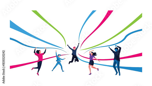 Joyous Finish Line Celebration: A vibrant scene of achievement, with individuals jubilantly crossing the finish line amidst colorful ribbons and energetic expression, symbolizing triumph and success.