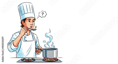 Chef tasting broth from saucepan while pondering flavor  