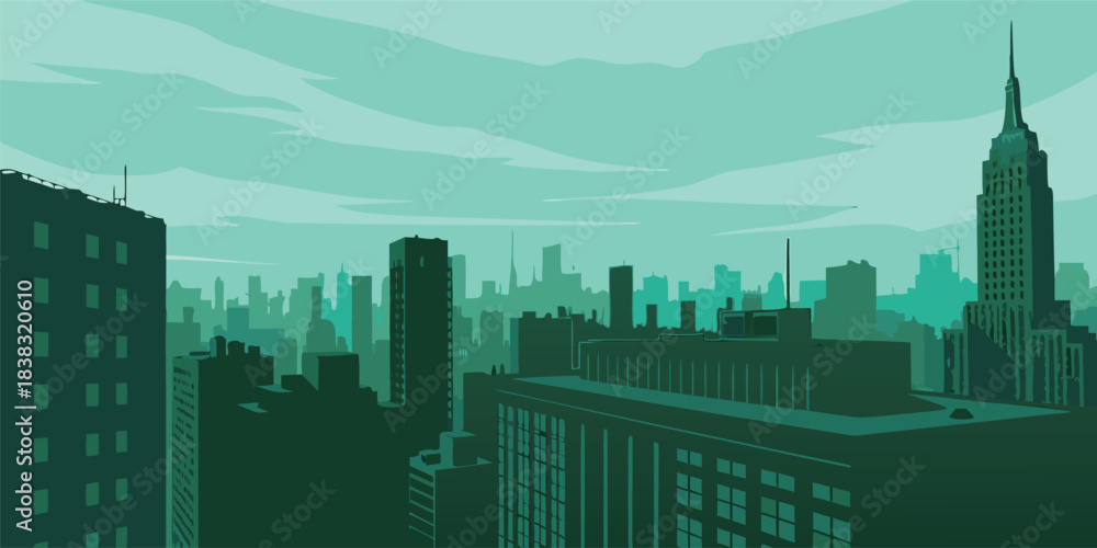 Naklejka premium Vibrant cityscape illustration featuring iconic skyscrapers and serene teal hues for urban design inspiration and modern architectural concepts