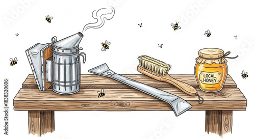 Beekeeping tools on wooden bench with bees and honey jar  