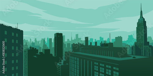 Vibrant cityscape illustration featuring iconic skyscrapers and serene teal hues for urban design inspiration and modern architectural concepts
