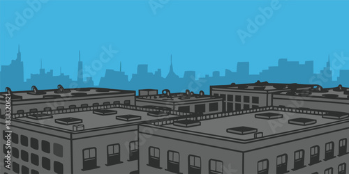 Dynamic city skyline illustration with industrial buildings and vibrant blue sky, perfect for urban development and architectural designs with modern appeal