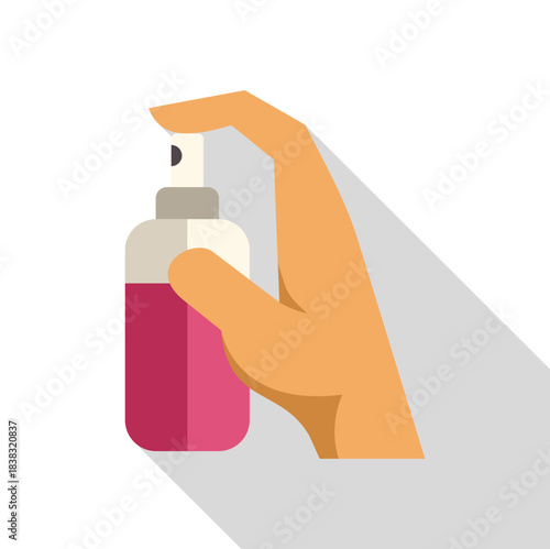 Hand is spraying cosmetic product from a pink bottle with finger pushing the nozzle